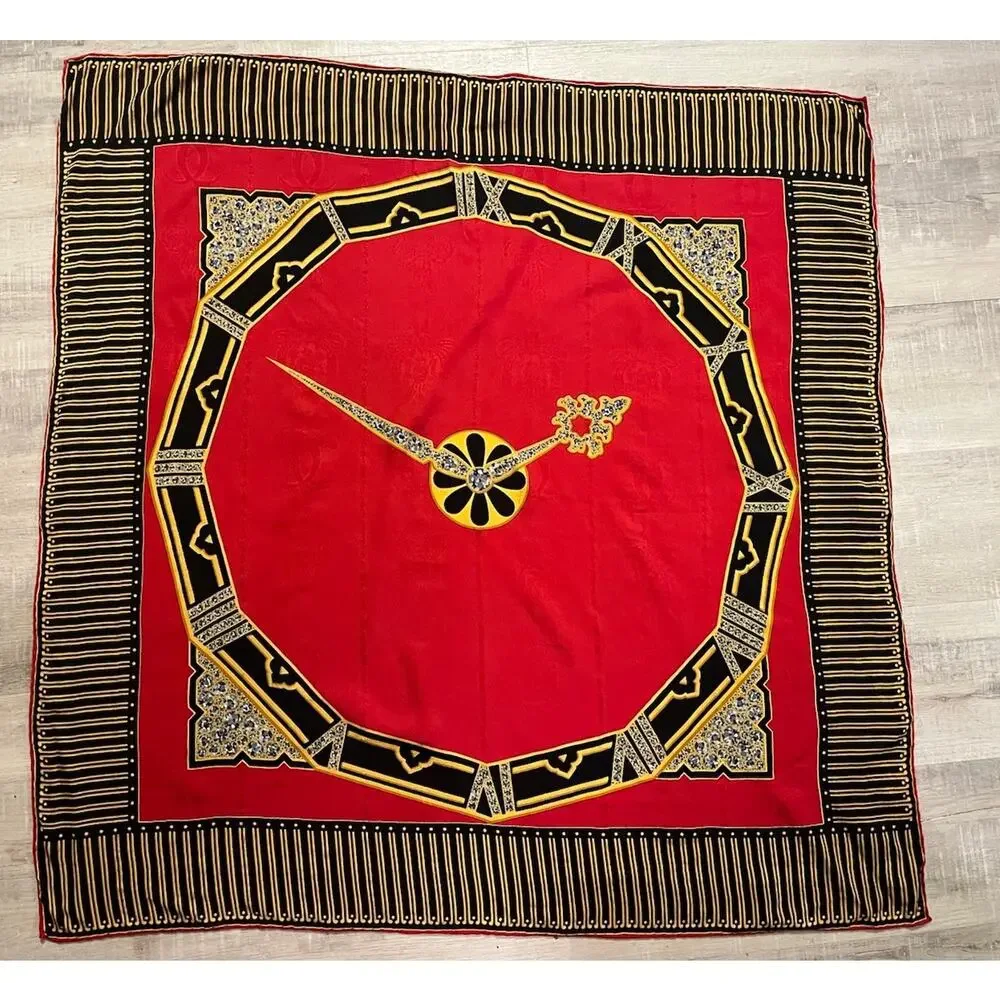 VTG Must de Cartier Paris Silk Black Red Art Deco Style Clock Scarf Luxury